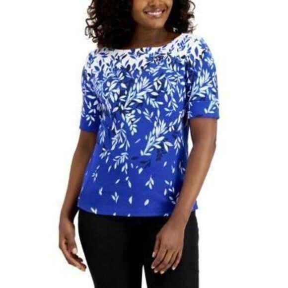 Karen Scott Elbow Sleeve Boatneck Printed T-Shirt Ultra Blue M - Picture 1 of 1